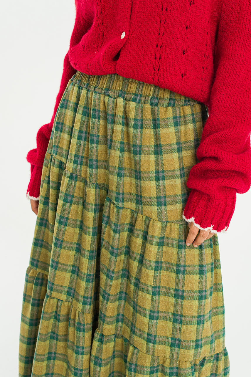 Aki Check Tiered Skirt, Khaki