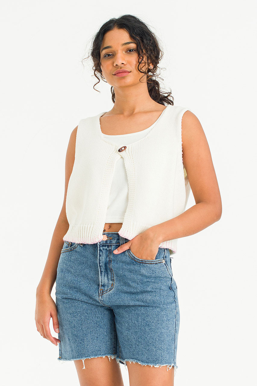 Contrast Colour Stitched Knit Vest, Ivory