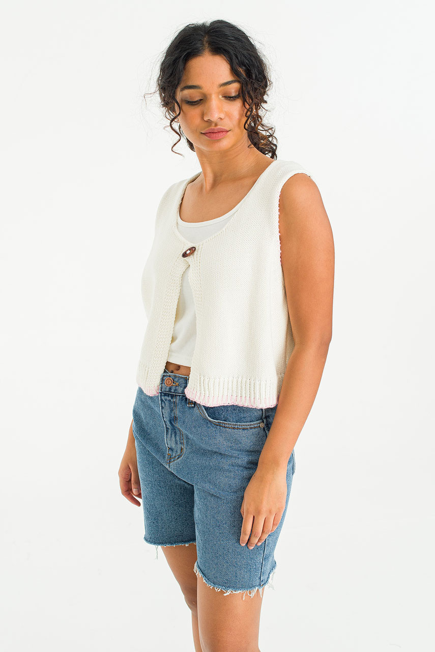 Contrast Colour Stitched Knit Vest, Ivory