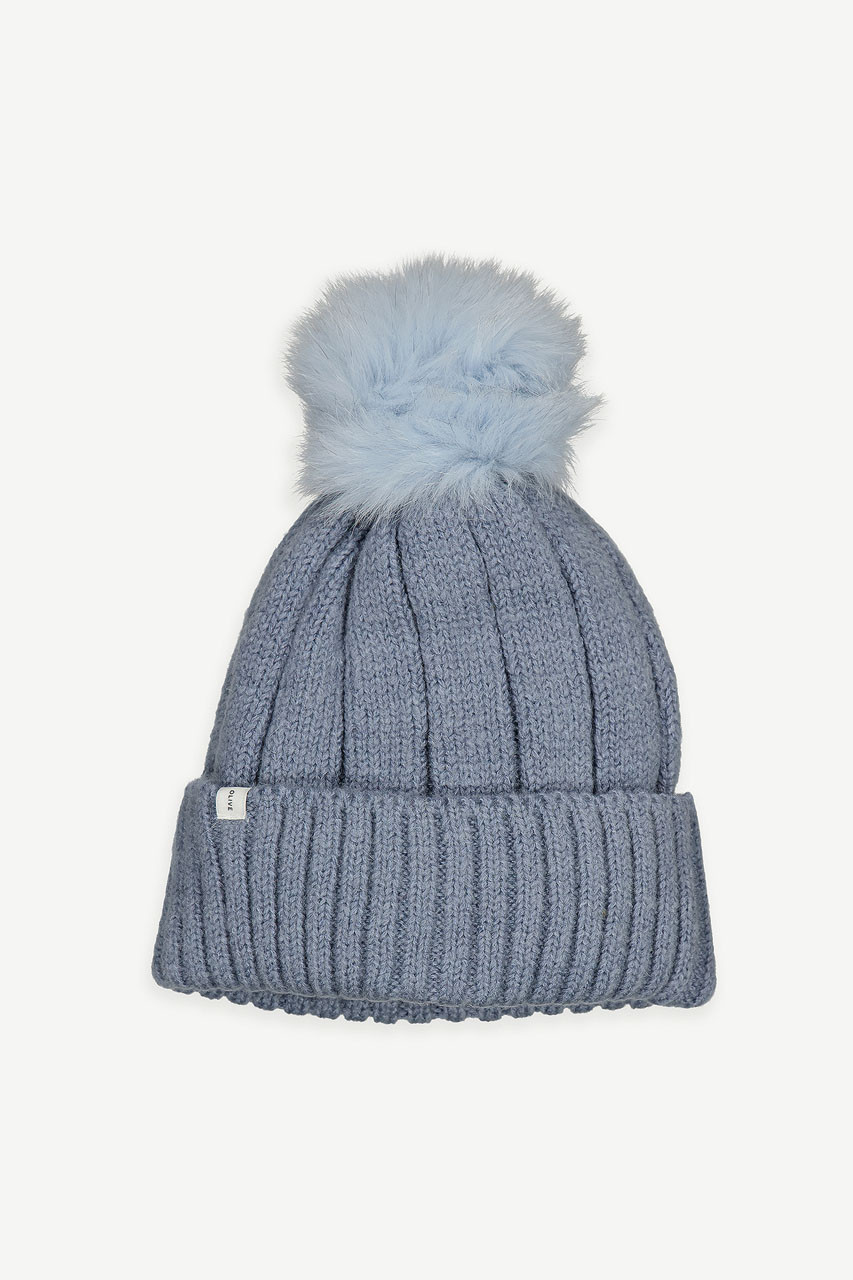 Pom Pom Ribbed Beanie, Sky Blue