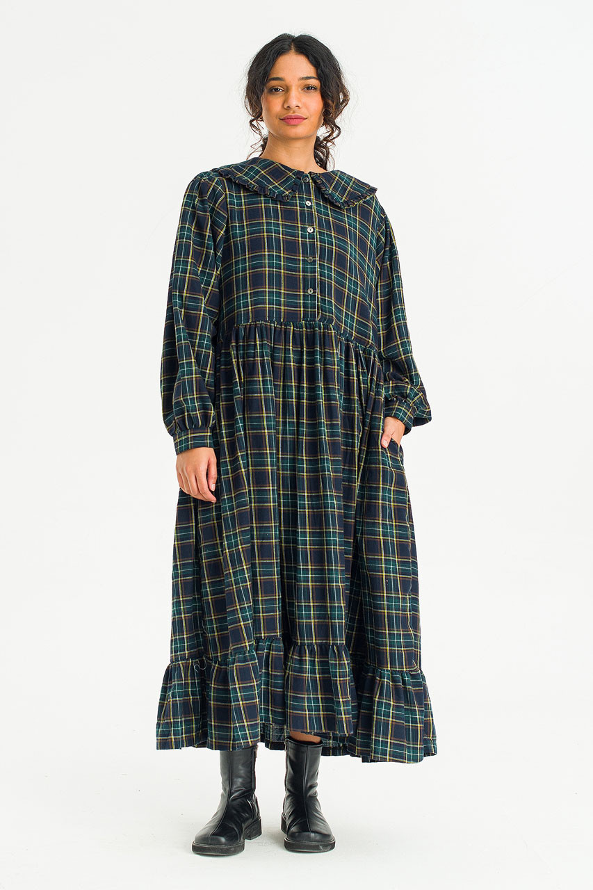 Aki Check Long Dress, Deep Green