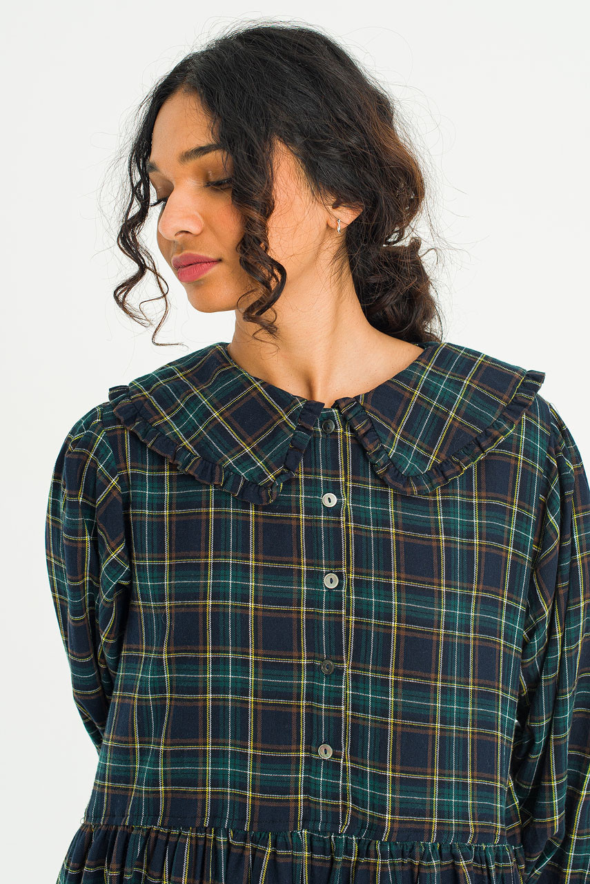 Aki Check Long Dress, Deep Green