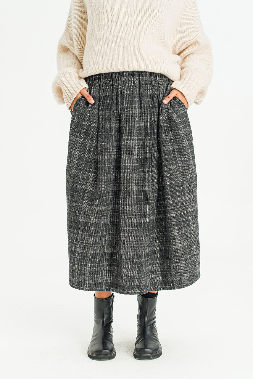 Mere Check Long Skirt, Grey