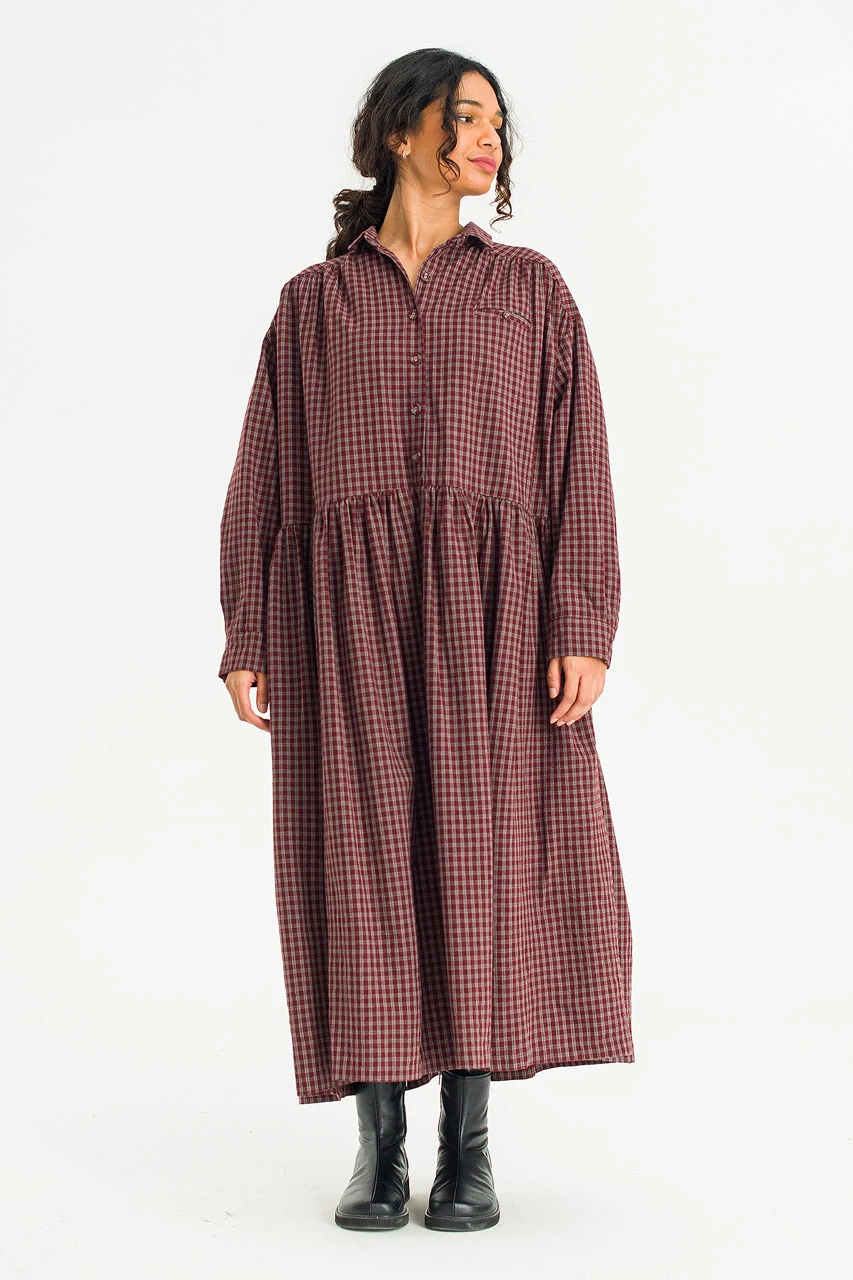 Harbor Check Shirt Dress, Burgundy