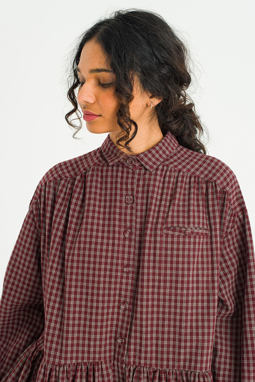 Harbor Check Shirt Dress, Burgundy