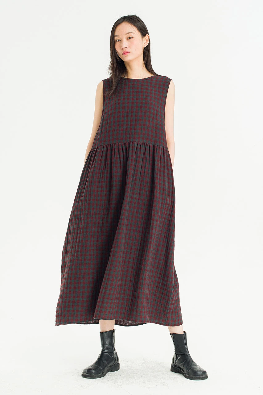 Tasha Check Relax Pinafore Dress, Wine