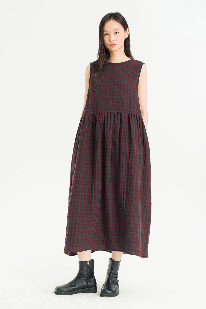 Tasha Check Relax Pinafore Dress, Wine