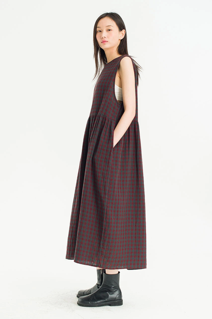 Tasha Check Relax Pinafore Dress, Wine
