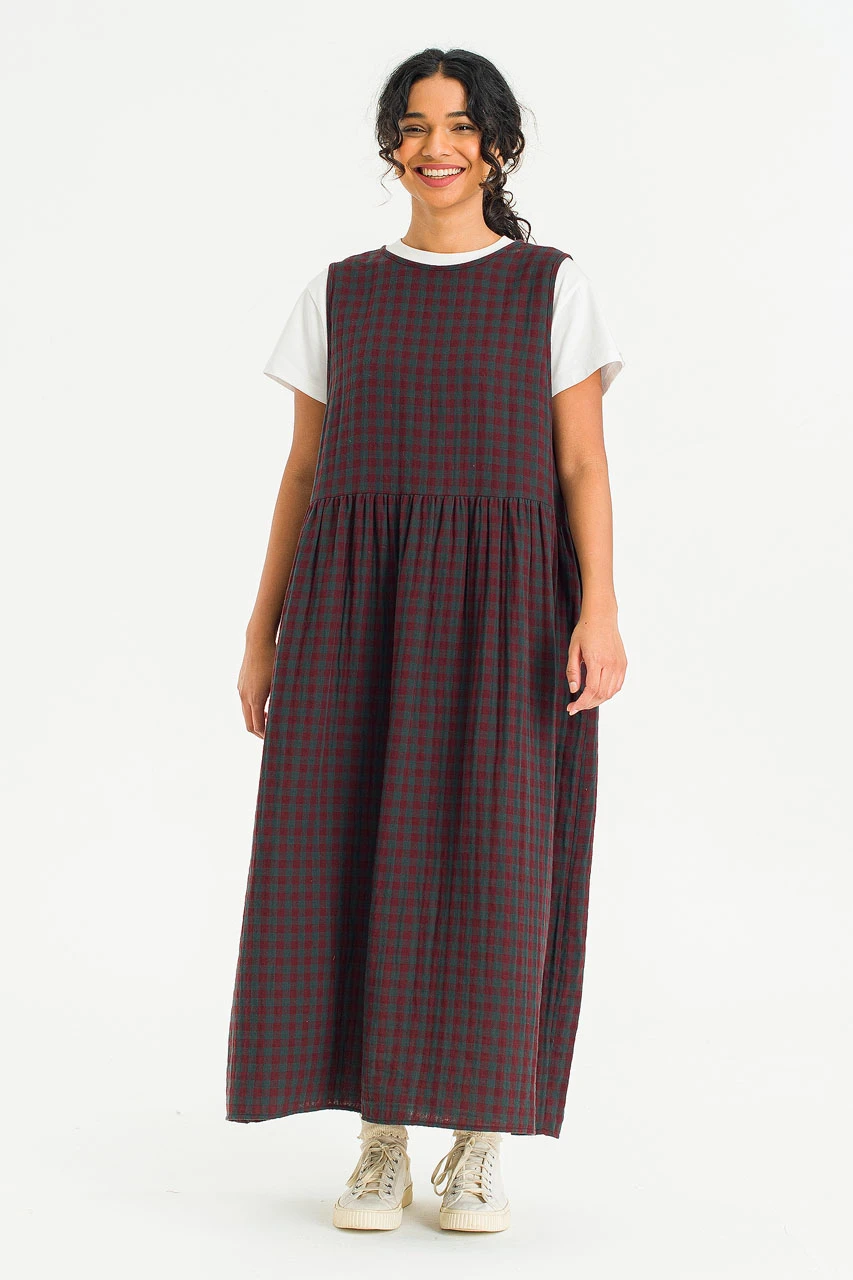 Tasha Check Relax Pinafore Dress, Wine