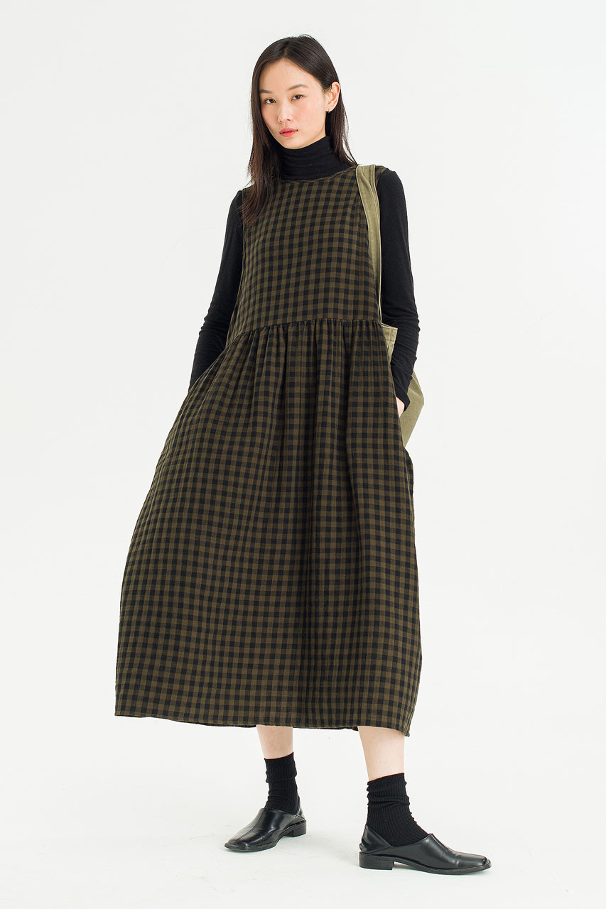 Tasha Check Relax Pinafore Dress, Khaki