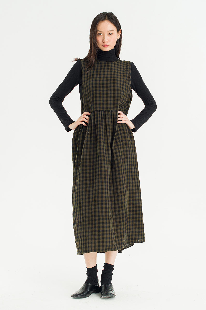 Tasha Check Relax Pinafore Dress, Khaki
