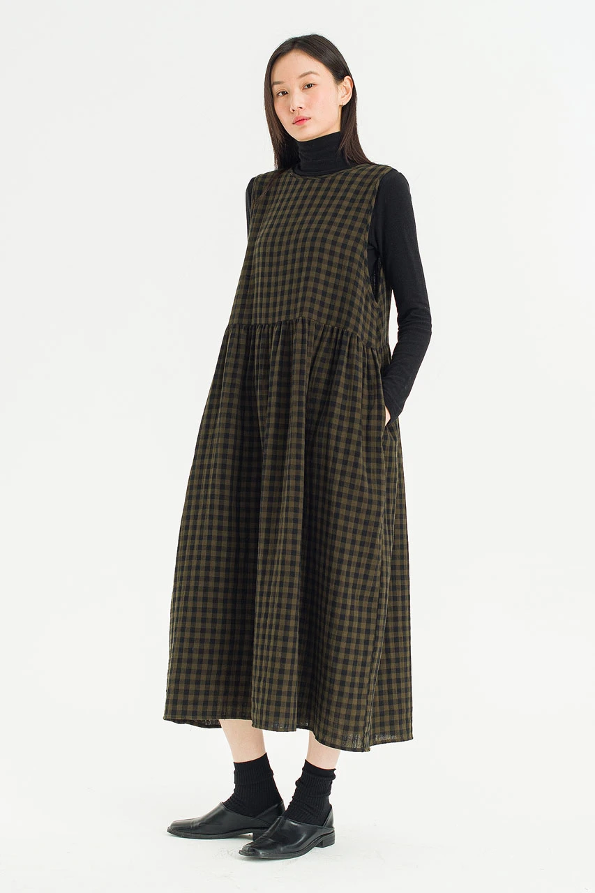 Tasha Check Relax Pinafore Dress, Khaki