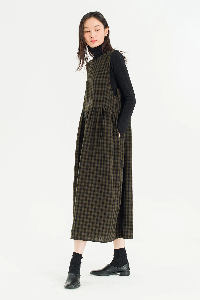 Tasha Check Relax Pinafore Dress, Khaki