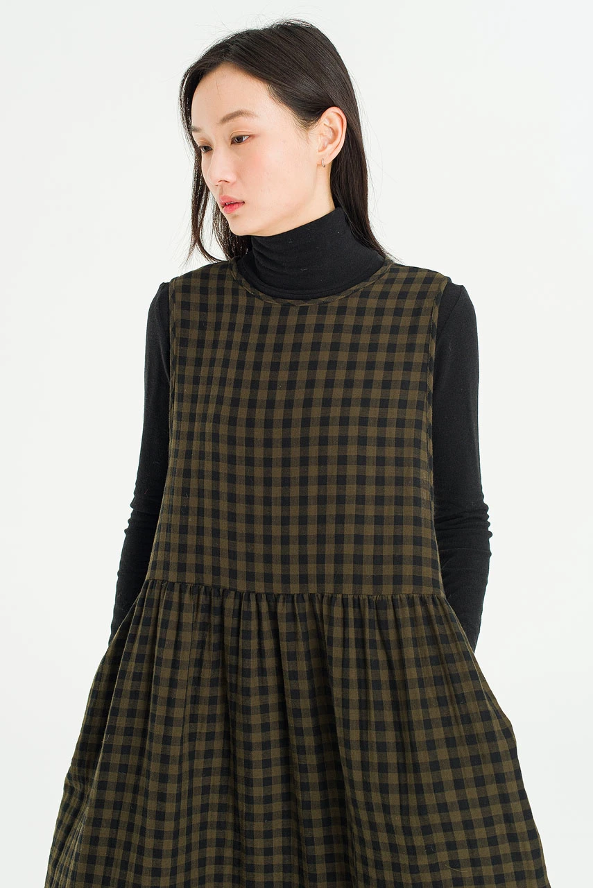 Tasha Check Relax Pinafore Dress, Khaki
