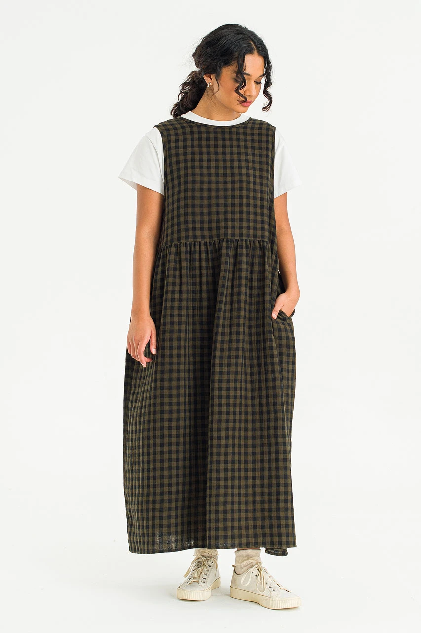 Tasha Check Relax Pinafore Dress, Khaki