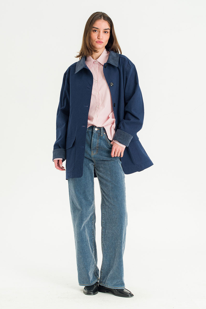 Silent Boxy Contrast Collar Coat, Navy