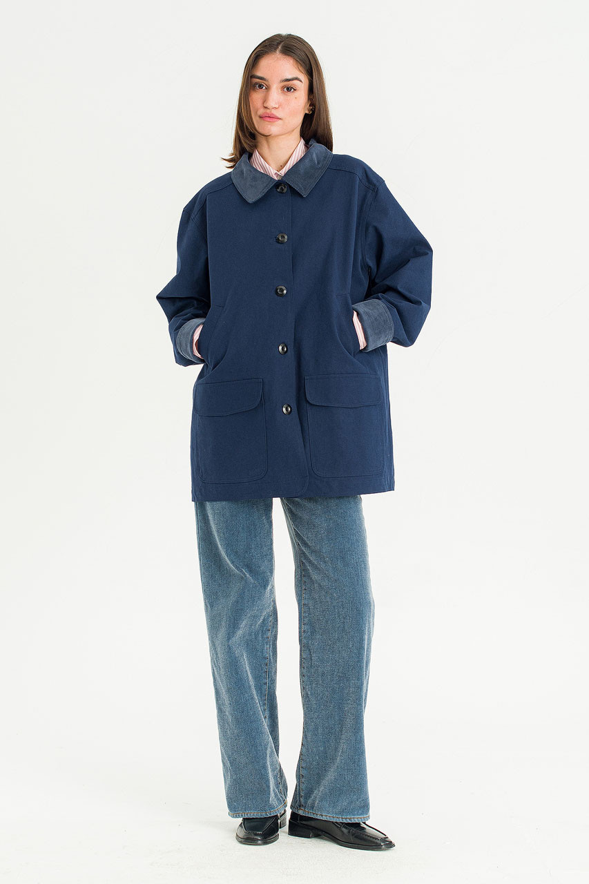 Silent Boxy Contrast Collar Coat, Navy