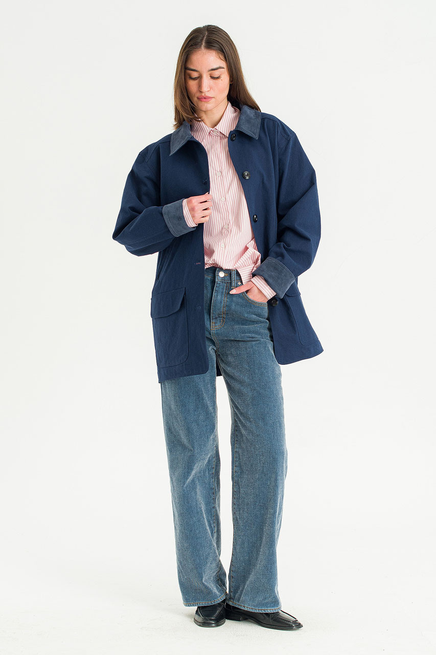 Silent Boxy Contrast Collar Coat, Navy