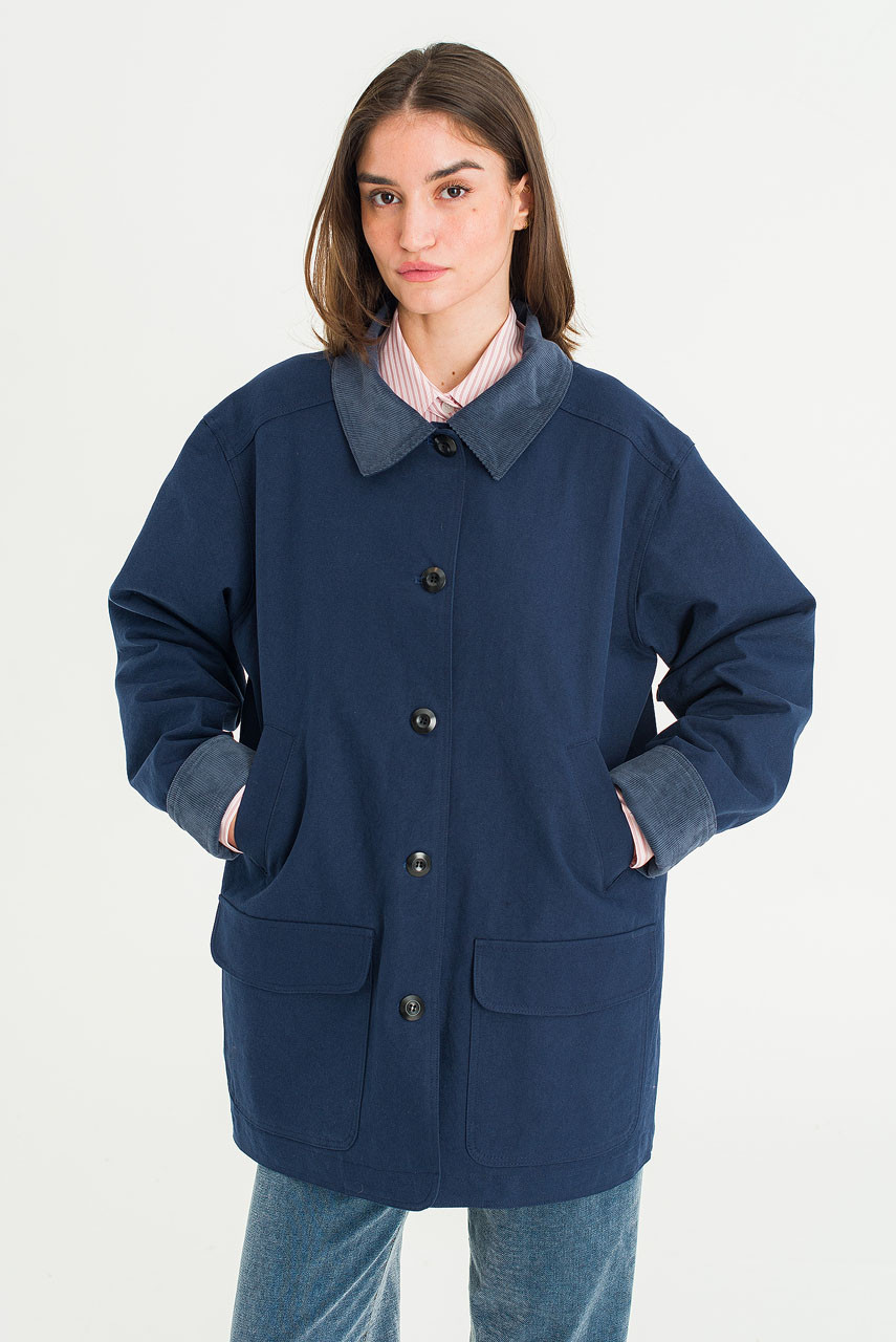 Silent Boxy Contrast Collar Coat, Navy