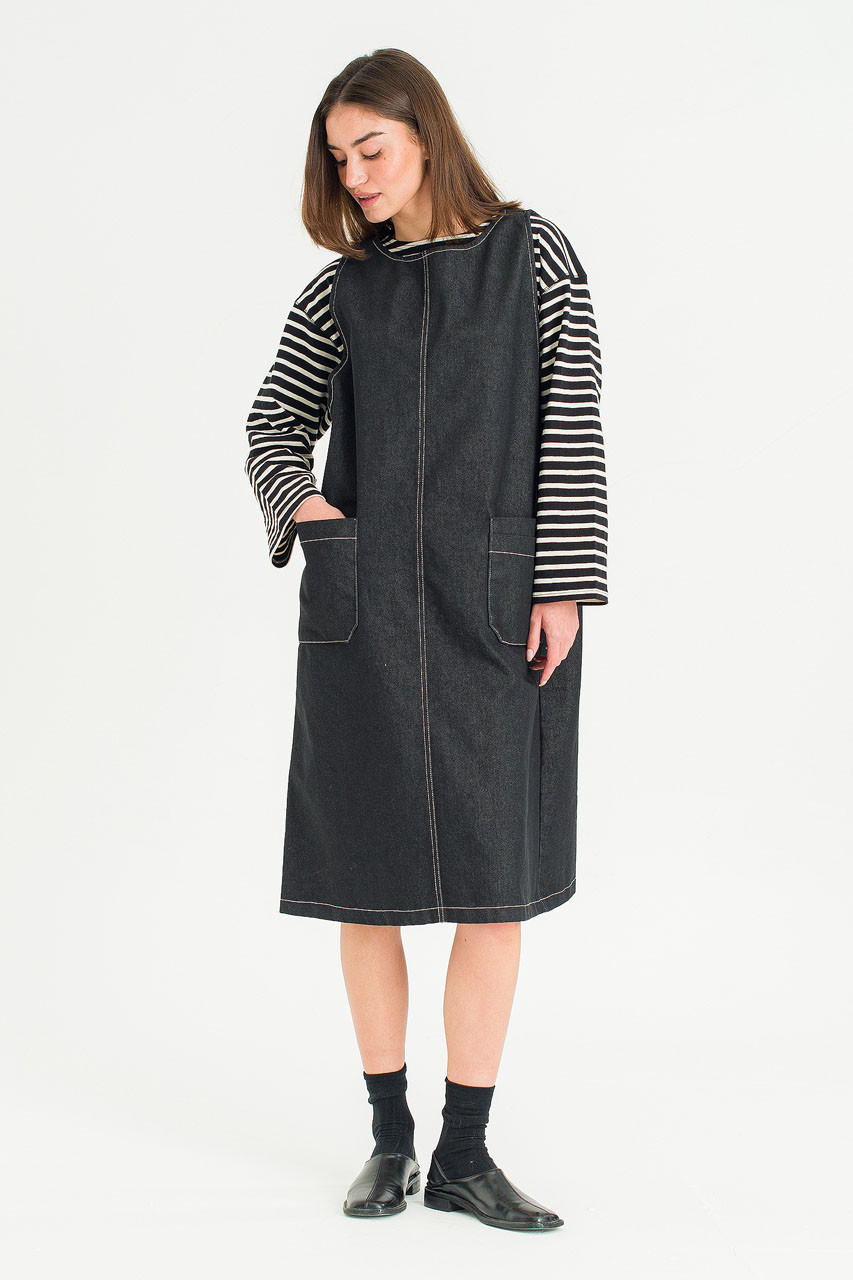 Minato Denim Pinafore Dress, Black