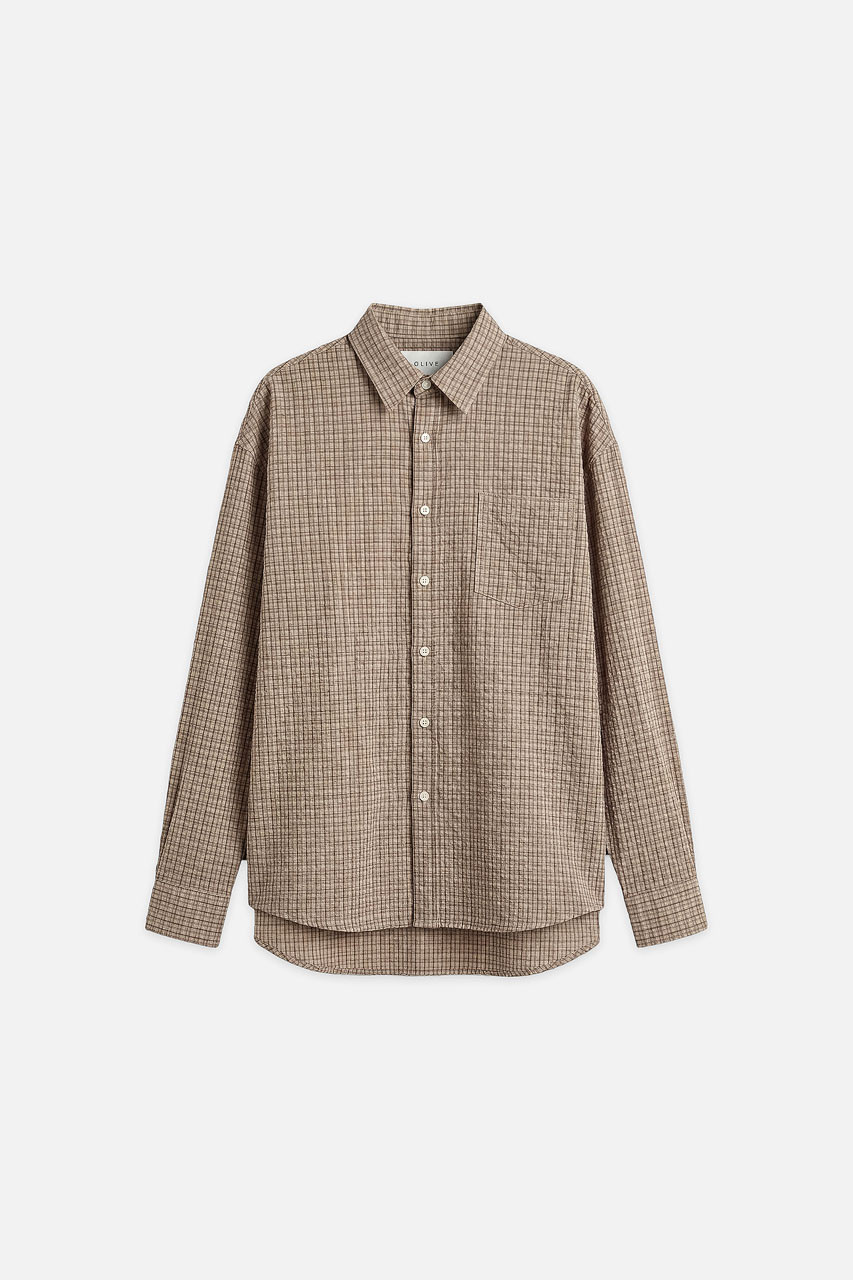Menswear | Check Seersucker Shirt, Dark Beige