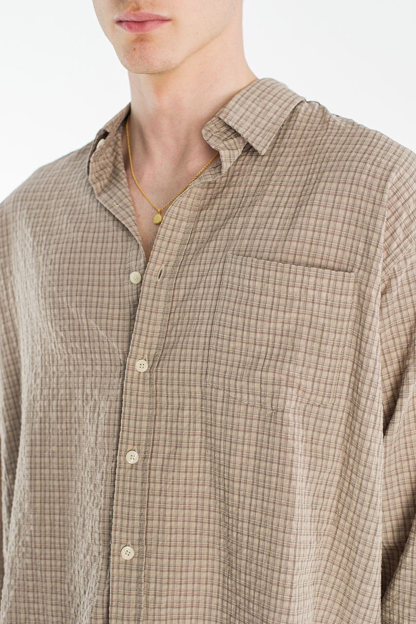 Menswear | Check Seersucker Shirt, Dark Beige