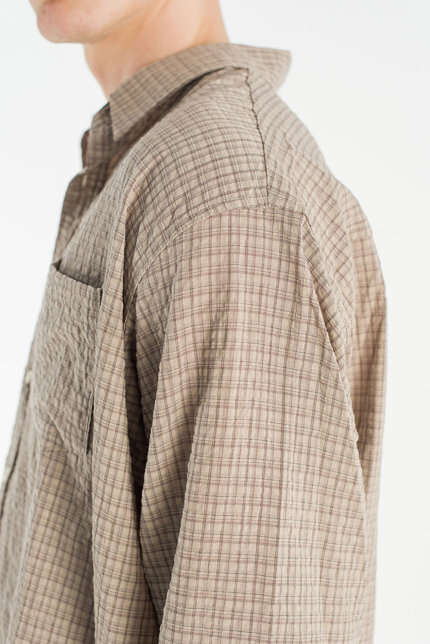 Menswear | Check Seersucker Shirt, Dark Beige