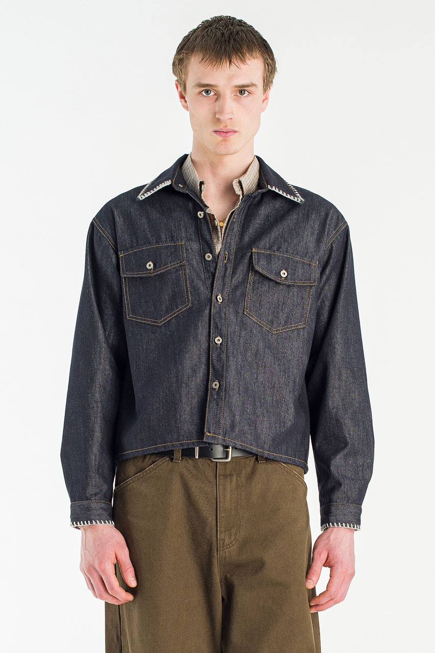 Menswear | Stitch Denim Crop Shirt, Indigo