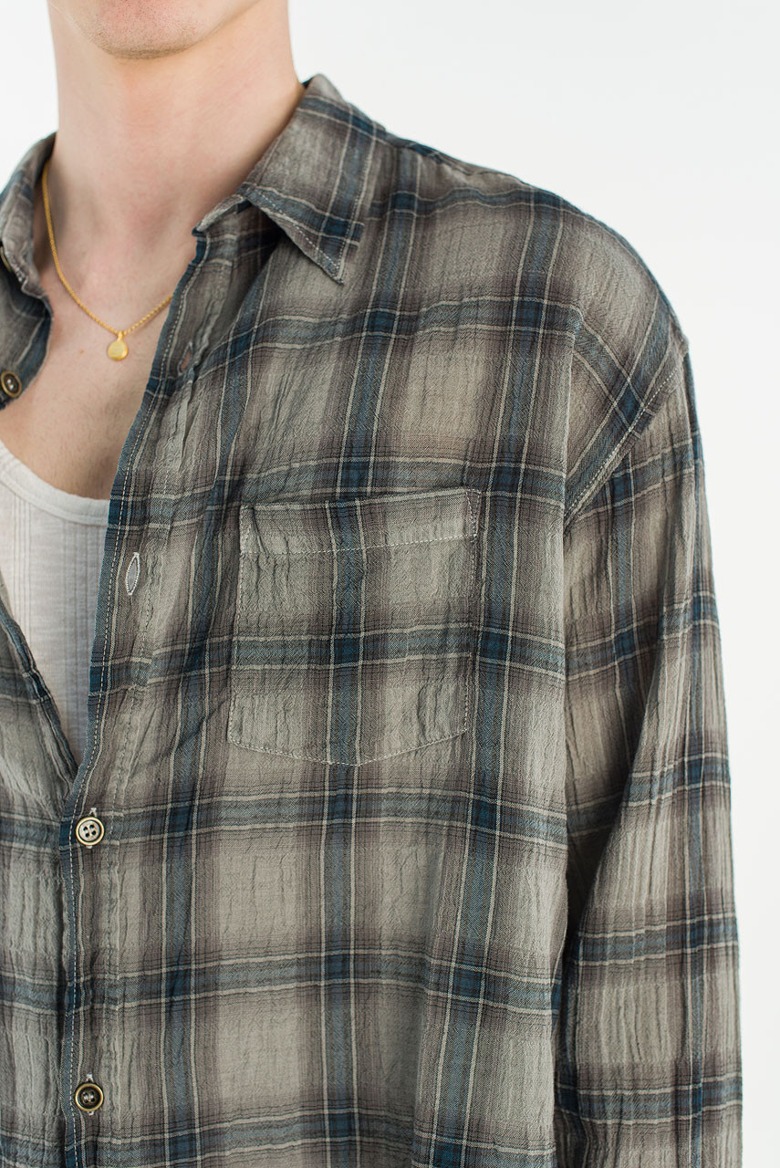 Menswear | Long-Sleeve Pigment-Dyed Check Shirt, Dark Blue