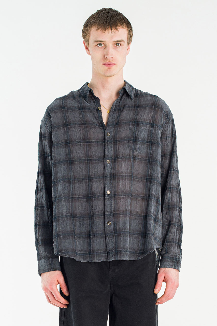 Menswear | Long-Sleeve Pigment-Dyed Check Shirt, Navy