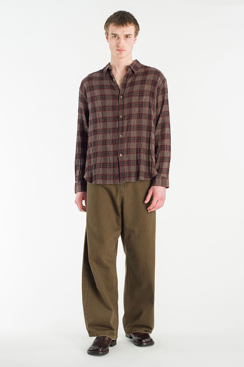 Menswear | Long-Sleeve Pigment-Dyed Check Shirt, Brown