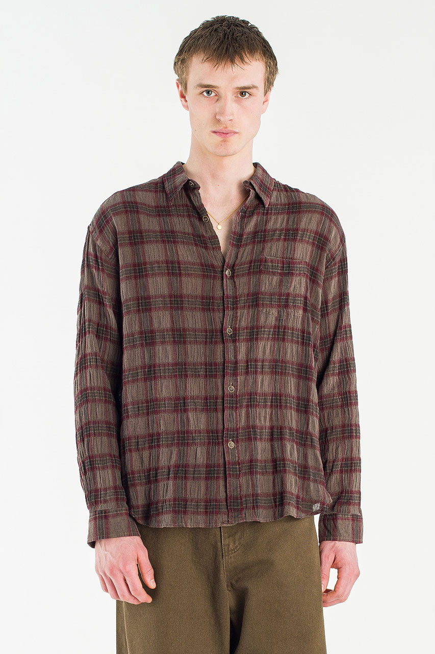 Menswear | Long-Sleeve Pigment-Dyed Check Shirt, Brown