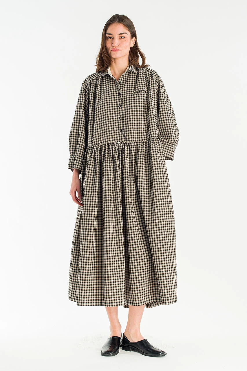 Lea Boxy Gingham Shirt Dress, Black