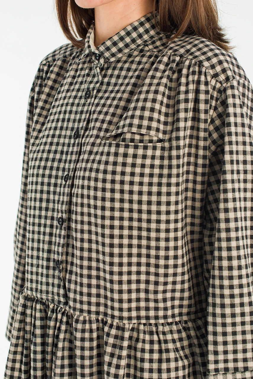 Lea Boxy Gingham Shirt Dress, Black