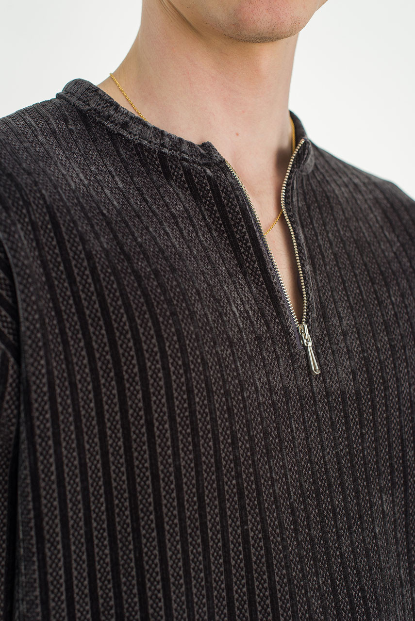 Menswear | Velour Zipper Henley Tee, Charcoal