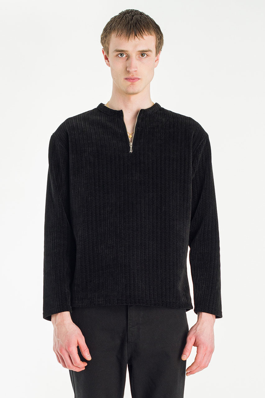 Menswear | Velour Zipper Henley Tee, Black