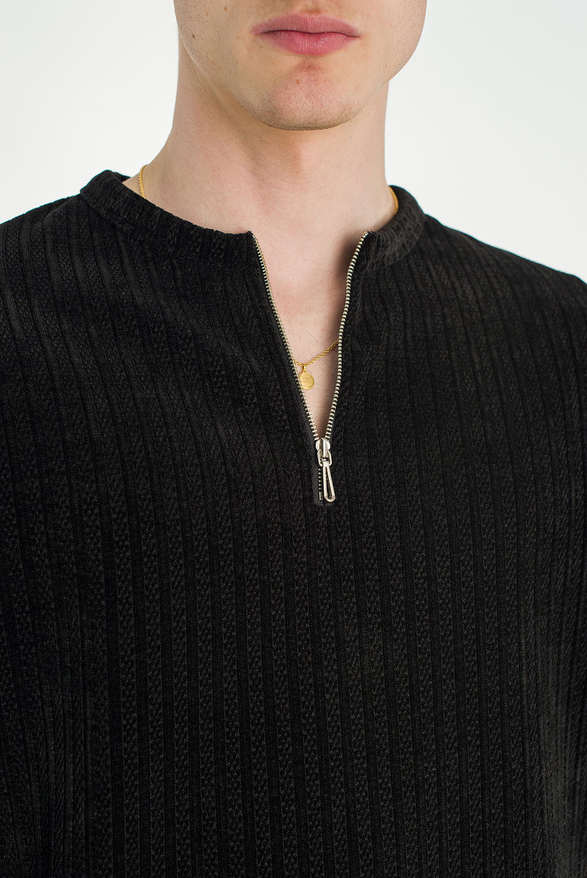 Menswear | Velour Zipper Henley Tee, Black