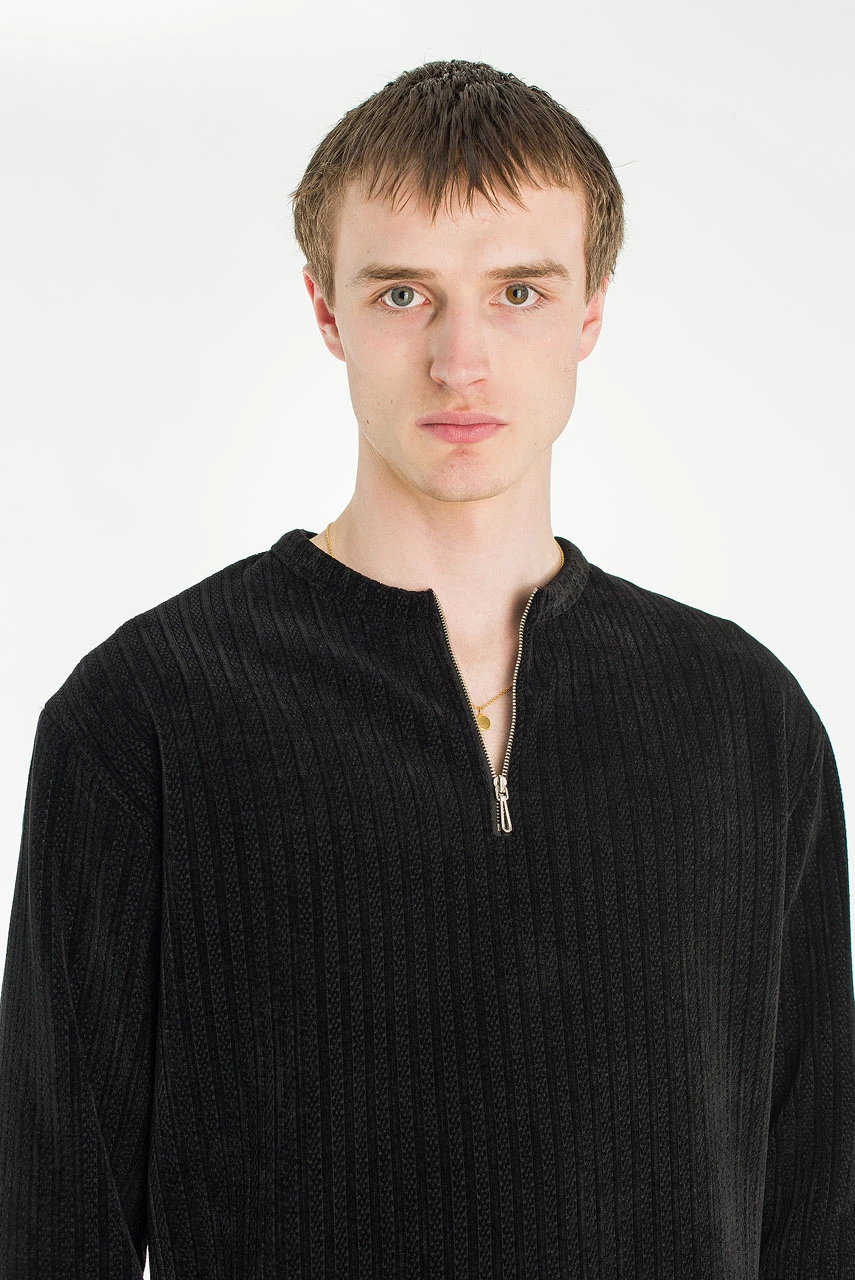 Menswear | Velour Zipper Henley Tee, Black