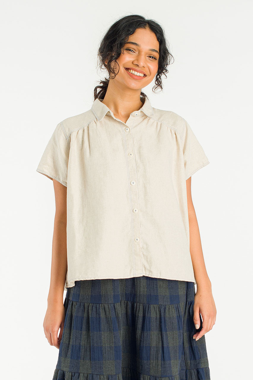 Herringbone Linen Blend Shirt, Beige