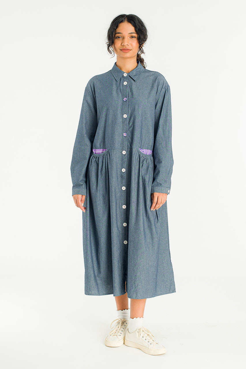 Pocket Sheering Dress, Mid Blue