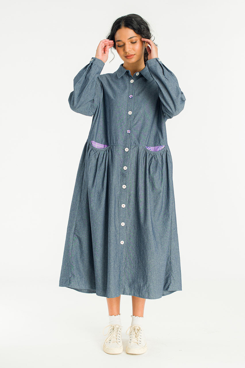 Pocket Sheering Dress, Mid Blue