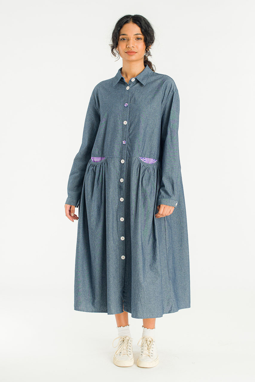 Pocket Sheering Dress, Mid Blue