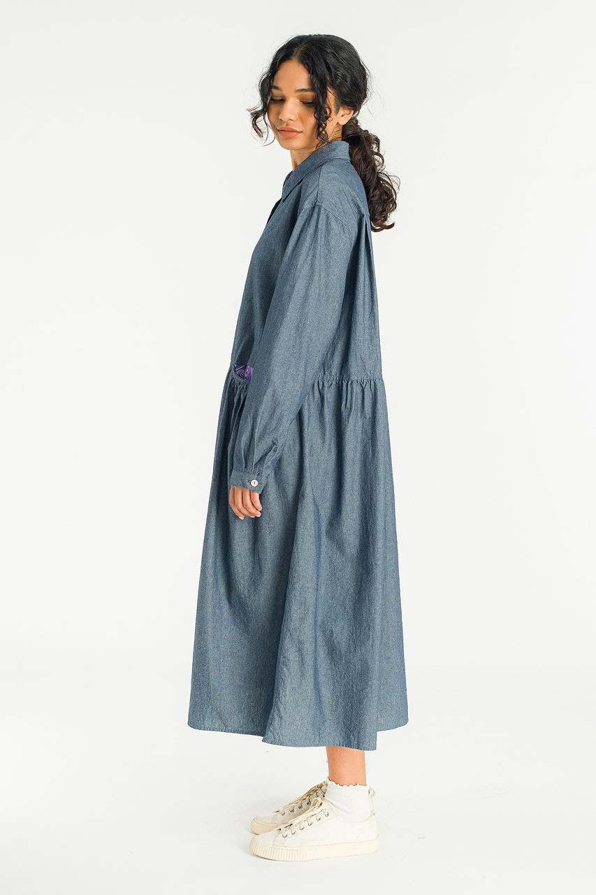 Pocket Sheering Dress, Mid Blue