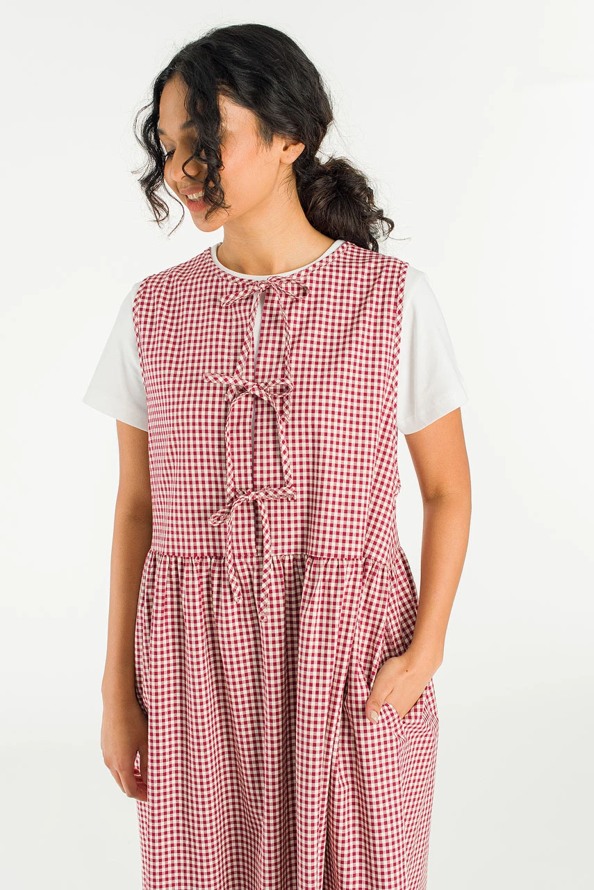 Two Way Faye Ribbon Back Dress, Wine Gingham