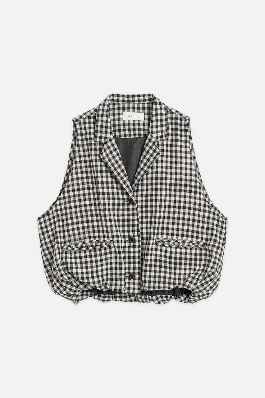 April Gingham Simple Vest, Black