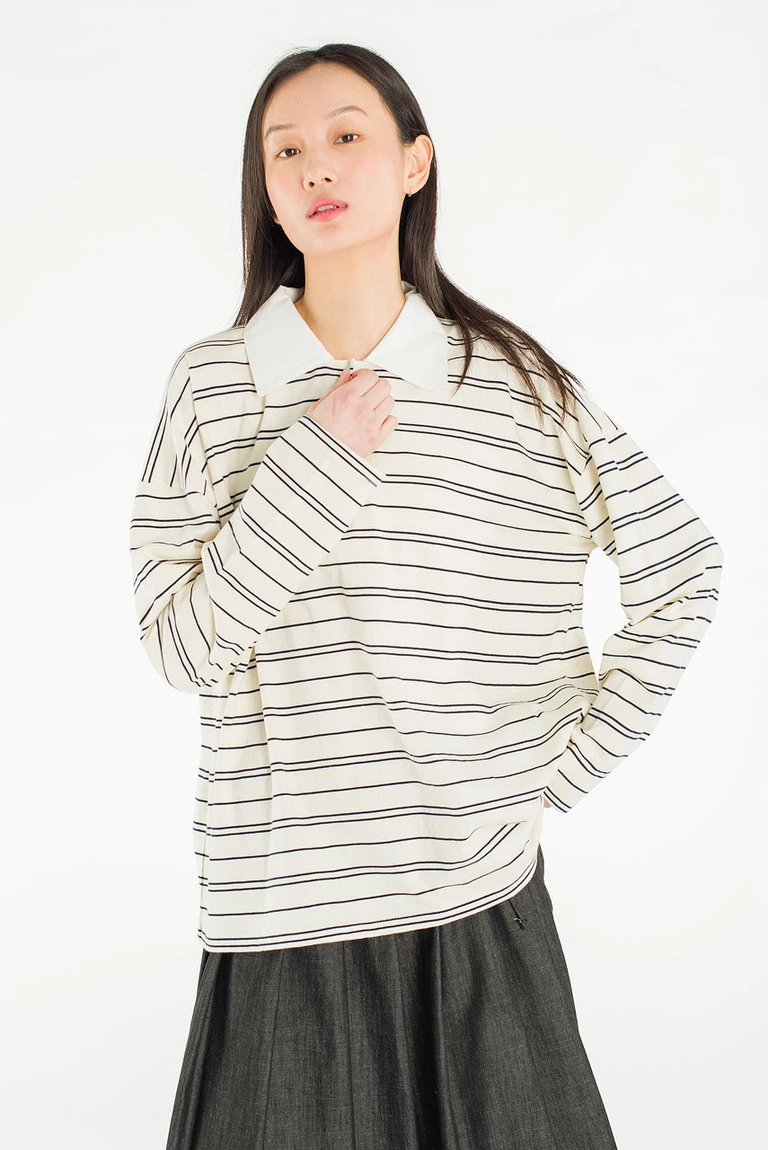 Classic Collar Stripe Tee, Ivory