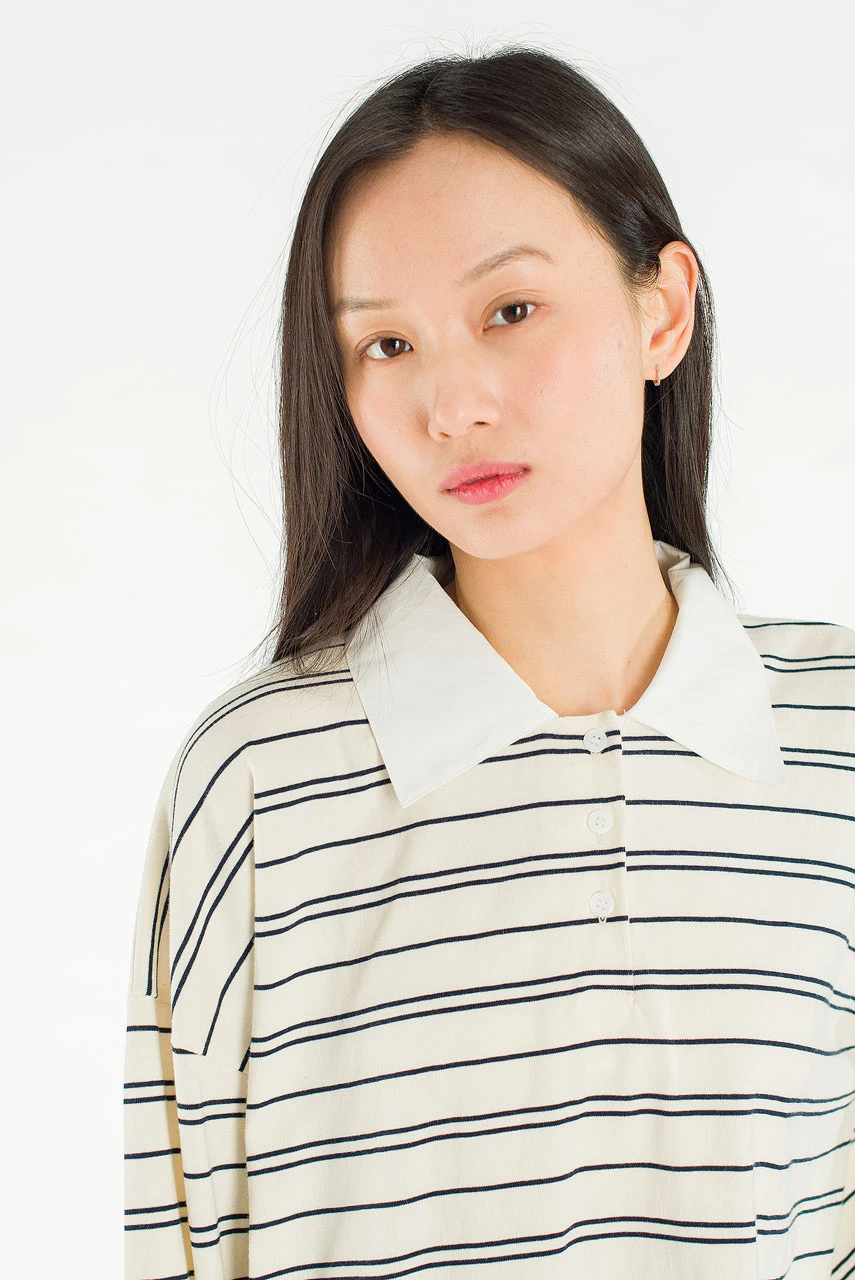 Classic Collar Stripe Tee, Ivory