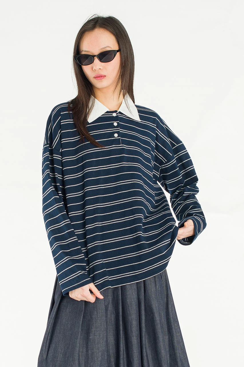 Classic Collar Stripe Tee, Navy