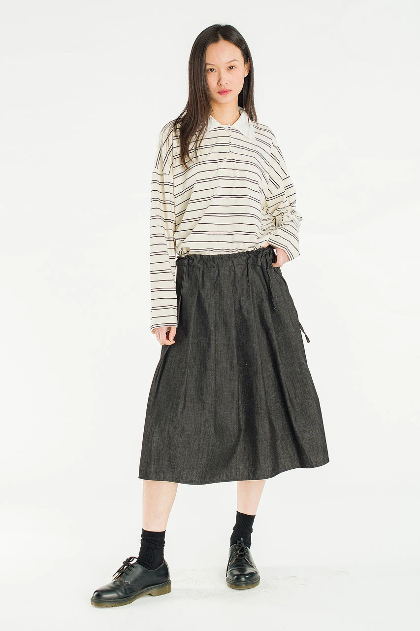 Denim Brick Ribbon Detail Skirt, Black Denim