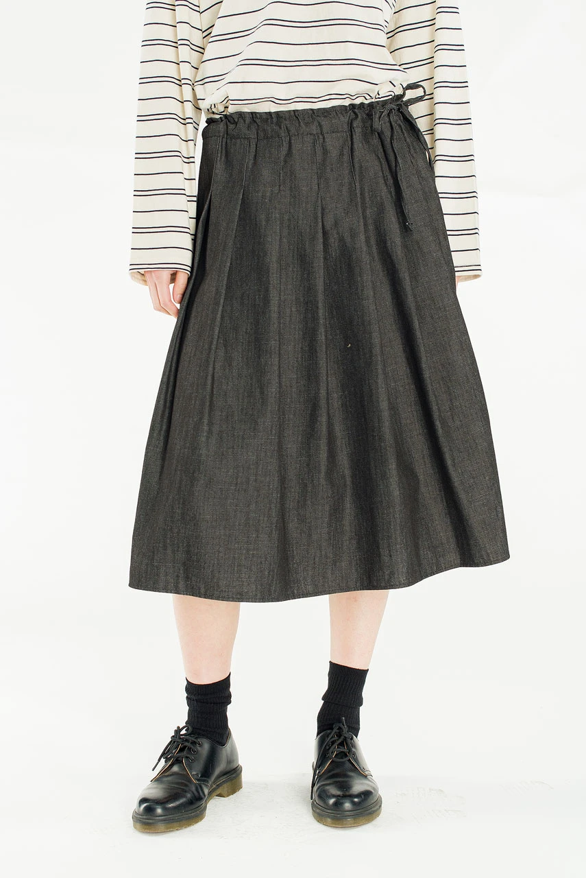 Denim Brick Ribbon Detail Skirt, Black Denim